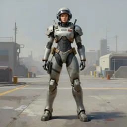 female mecha pilot standing on a tarmac, daylight matte painting, brutalist painting, battle angel, single character full body, illustration, concept art, rule of thirds, centered, Very highly detailed, 8K, octane, Digital painting, the golden ratio, rational painting, sharp
