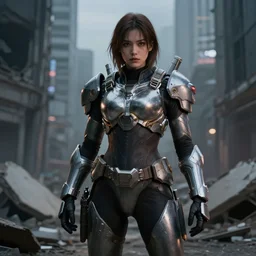 beautiful android girl in full battle gear in a destroyed city, moody lighting, 8 k, shallow depth of field, cinematic lighting,