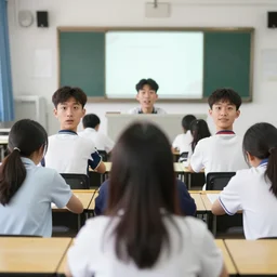 3 5 mm first - person view of the back of some adult college students at their desks facing the front of the class with comically enlarged heads