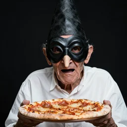 portrait photo of an old wrinkled man, skinny face, bony face, long nose, crooked nose, large full mouth, black pulcinella masquerade mask, pointy conical hat, white wrinkled shirt, presenting pizza, black background, close - up, skin blemishes, menacing, intimidating, masterpiece by lisa kristine