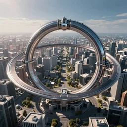 aerial photo of a giant ring-shaped space station encircling a modern city, the ring is horizontal, surrounding the city, establishing shot, cinematic
