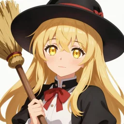 pixiv artwork portrait of marisa kirisame from touhou project, marisa kirisame touhou artwork by greg rutkowski key art kyoto animation 4 k 8 k ultrahd trending award winning black hat broom blonde hair finely detailed golden eyes