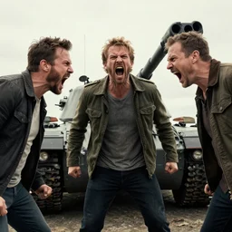 3 angry men screaming at a tank