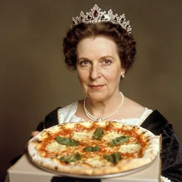 head and shoulders portrait of queen margherita of savoy holding up a pizza to the camera, historical photo by letizia bruni, morten krogvold