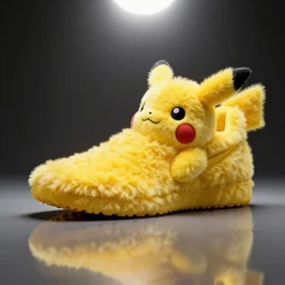 nike shoe made of very fluffy yellow pikachu faux fur placed on reflective surface, professional advertising, overhead lighting, heavy detail, realistic by nate vanhook, mark miner
