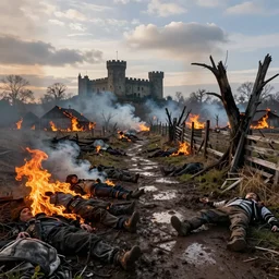 burning village in the background, highly detailed fire tendrils, dead bodies scattered in mud, body parts, castle in background, foot path leads to middle ground, broken trees, broken fences, flying mud, debris, smoke, field, wet, dawn, partly cloudy, cold breath, hyper realistic, octane render, hyper detailed, cinematic, medium shot