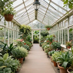 Victorian greenhouse corridor decorated with potted plants, hyper-realism