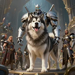 joyful giant alaskan malamute, handsome. paladin, cybernetic. detailed, intricate environment, fantasy art by krenz cushart, rossdraws, ilya kuvshinov, peter mohrbacher, greg rutkowski, craig mullins, thomas kinkade, victo ngai. unreal engine 5 highly detailed, blender, octane, ray tracing. sharp focus, masterpiece, post