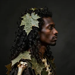 a black man's in profile, with a long curly hair, made of skeleton leafs, in the style of the Dutch masters and Gregory Crewdson, dark and moody
