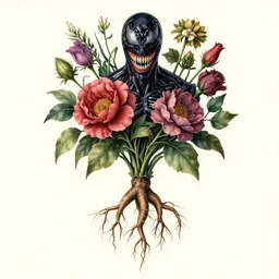the platonic ideal of flowers and roots of cletus kasady, venom, poison ivy, ultimate beautiful succubus medusa, cthulhu, intricate, hyperrealism, intense, dmt, artgerm, moebius, greg rutkowski, dan mumford, alphonse mucha