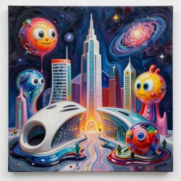 an extremely high quality ultra realistic hd surrealism painting of a 3d galactic neon complimentary-colored cartoon surrealism melting sculptural cast glass zaha hadid gallery city by a much more skilled version of kandinskypicasso and salvia dali the fourth, salvador dali's much much much much more talented painter cousin, 8k, ultra realistic, very realistic, photorealism
