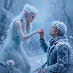 Dan Mumford paint,a fantasy elf woman trapped and frozen trying to touch the hand of a human man who was frozen trapped with her, with frozen flowers