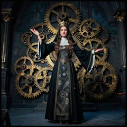 lomography, full body portrait photo of women like reol from a distance as a steampunk priestess giving a sermon in the temple of gearsinterior, moody, realistic, dynamic perspective pose, light blue filter, skin tinted a warm tone, hdr, rounded eyes, detailed facial features, alphone mucha, black white gold