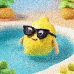 a claymation lemon lemon lemon wearing sunglasses playing in the pool