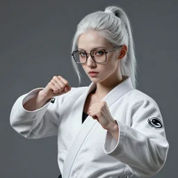 hyperrealistic mixed media portrait of a pale white lesbian with square glasses wearing a gi, doing martial arts, 8k octane beautifully detailed render, post-processing, extremely hyperdetailed, trending on artstation