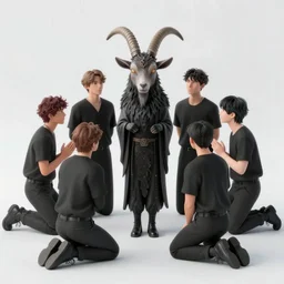 A group of millennial hipsters kneeling and worshipping before a satanic goat-person in the style of Corporate Memphis, Alegria style, Big Tech art design, gradients, simple, minimalist