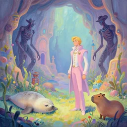 beautiful digital fantasy illustration of a Prince in pastel!!!, whimsical acrylic modern pop surrealism, Even Giger-y dark overlords living in the ruins of an ancient system of tunnels and caves like to be comfy every once in a while!, A seal sleeping peacefully in a kelp forest, magic the gathering lands art!!, capybara cowboys!!!!, highly detailed, soft lighting, rendered in octane, masterpiece, very very very aesthetic