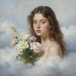 portrait, hyperrealism oil painting, woman in the clouds, woman with flowers - 4