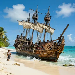beached pirate ship withering away, pirates of the caribbean, tropical island