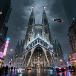 photorealistic streetscape, a towering cathedral of brutalist architecture, steel, concrete, mist, night, dramatic lighting, rain, wet streets, white neon lights, colorful neon signs, cars flying in the sky, retro - futuristic vehicles, pedestrians, syd mead, ralph mcquarrie, doug chiang, concept art, matte painting, finely detailed, minimal artifacts, rule of thirds, dynamic lighting, cinematic, denoised, centered, artstation