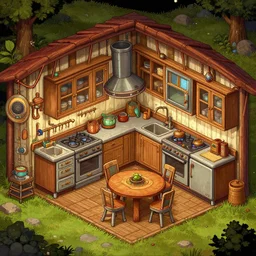 kitchen of a farm house with retro sci fi furniture, from a point and click 2 d graphic adventure game, detailed, set design inspired by hg giger, art inspired by thomas kinkade