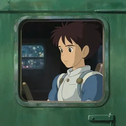 a train with outer space visible through the window, art by hayao miyazaki, studio ghibli film, hi res, 4k, high detail