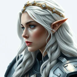 a detailed portrait profile view of oerba dia vanille mixed with charlize theron with platinum blonde wavy hair with white headband with diamonds and armor in golden and silver colors, pointy ears, full body, white long hair, detailed, epic masterpiece of cinematographic hyperrealism, realistic shaded lighting poster by craig mallismo, artgerm, jeremy lipkin and michael garmash,