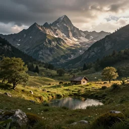 a beautiful fantasy landscape, mountain in background, little cottage, small pond, some trees in the corner. hyper realism