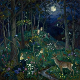 painterly dreamy dark midnight hill in the forest with trees, flowers, birds, owls, deers, barely seen women, lianas, thistles, a stream and sky with moon and stars by Mikhail Vrubel, Alexei Savrasov, Aron Wiesenfeld, Ivan Kramskoi, dark fantasy, witcher, very detailed oil painting in the alla prima style, masterpiece, 8k