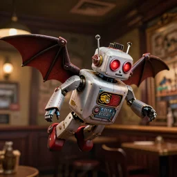 wide - angle profile face portrait of a flying tin toy robot with glowing red eyes and bat wings, nicoletta ceccoli, mark ryden, lostfish, max fleischer, depth of field, detailed and intricate london pub environment, 8 k resolution, hyperrealistic, octane render