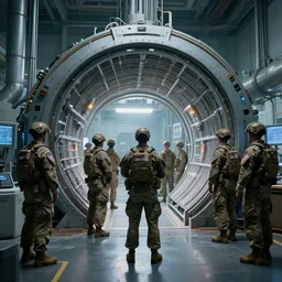 photograph of united states soldiers guarding an experimental portal in a laboratory, hard sci - fi