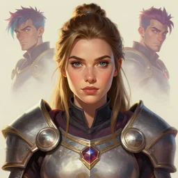 front facing symmetrical centered painted portrait, just one head, Imogen Poots as a D&D Paladin, RPG character avatar, Riot Games concept art, Arcane show art style, global illumination lighting, trending on artstation, by lois van baarle, ilya kuvshinov, rossdraws