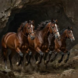 of brown horses in a low light lit cave hurdled in a group, highly detailed, intricate, digital painting, trending on artstation, concept art, matte painting, art by greg rutkwowski, craig mullins, octane render, 8 k, unreal engine