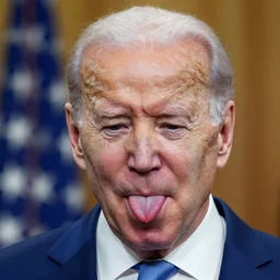 Closeup shot of Joe Biden looking down with his tongue sticking out