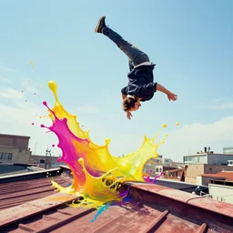 parkour along rooftop splash art graphic design color splash high contrasting art, fantasy, highly detailed, art by greg rutkowski