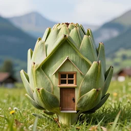 a house in the shape of an artichoke. a house whose texture looks like an artichoke. switzerland in the background
