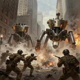 war of the worlds, martian tripods attack new york, human soldiers try to counter - attack, intense fighting, digital painting, very detailed, art by jakub rozalski