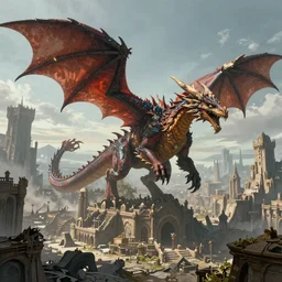 dragon rise forgotten realm fantasy, cinematic lighting ,dragon design language, abandoned/destroyed city, massive scale, medieval time, complimentary color scheme, G liulian Art style, realistic, 3D render, 4k, Unreal 5 ,-W 1024