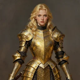 Gorgeous Blond Lady Knight in an ornamental Gold and Black armor, low fantasy, matte painting, by Frank Franzetta, trending on Artstation, trending on Deviantart, artstationHQ, artstationHD, full color