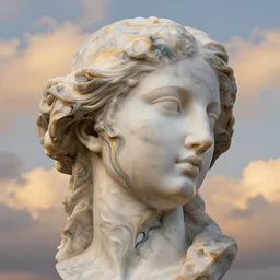 epic, abstract sculpture of beautiful female face and marbling liquifying acrylic painting, clouds, golden hour, beautiful light, 3 d sculpture of carving marble
