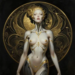 extremely psychedelic beautiful cyborg queen of lsd infected by night. intricate, elegant, highly detailed, extremely lifelike photorealistic digital painting, artstation. steichen, gaston bussiere, tom bagshaw, cyberpunk alphonse mucha. elegant minimalism. anatomically correct. sultry rage. sharp focus. gold and black, white accents. melancholic. lifelike