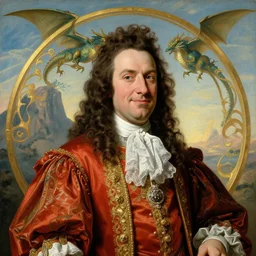 baroque painting, portrait of stephen colbert, art nouveau, regal outfit, smug look, dragon flying around a mountain in the background, trending on artstation, style of peter mohrbacher, trending on artstation