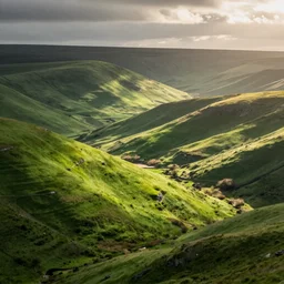 a beautiful photograph of green rolling mountains, sunny, yorkshire, soft lighting, ultra wide angle lens