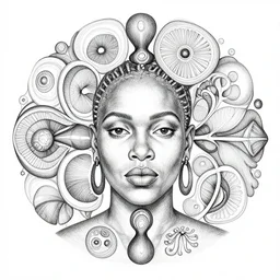 hyper detailed bw linear pencil drawing, african woman portrait, organic symmetric shapes by ernst haeckel