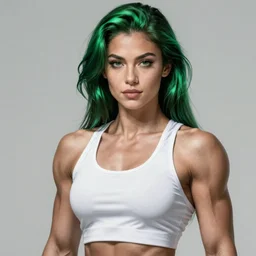 a beautiful female bodybuilder wearing a white tank top. highly detailed portrait, digital painting, unreal engine, artstation hq. intricate, elegant. art by wlop and marvel comics, green iridescent