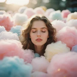 A vintage analog head and shoulder frontal face portrait photography of a beautiful woman surrounded by thousand fluffy soft giant oversized pastel colorful cotton balls all around by Maxim Nikolaev. Long hair. Vogue. Closed eyes. Kodak Portra 800 film. shallow depth of field. (Depth of field). whirl bokeh!!. Golden hour. detailed. hq. realistic. warm light. muted colors. Filmic. Dreamy. lens flare. Mamiya 7ii, f/1.2, symmetrical balance, in-frame