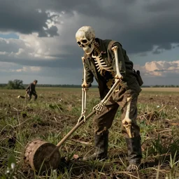 a farmer skeleton working his field in the style of soviet cold war propaganda