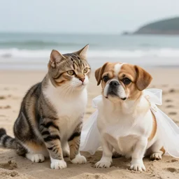 a cat and dog getting married by the beach real life, hyper realistic, realistic, 4 k, 8 k uhd, intricate details, detailed, great detail