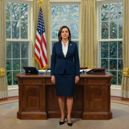 full body portrait of the united states president, aoc, alexandria ocasio cortez, standing in the oval office, resolute desk, 2 0 2 4, painting, oil on canvas by william sidney mount, trending on artstation, national archives