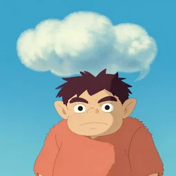 flat cel shaded cartoon, curled blue sky fluffy curled clouds, smoke shaped clouds, from lorax movie, by studio ghibli